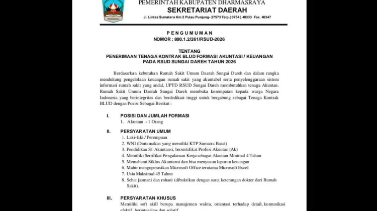 RSUD Sungai Dareh Buka Rekrutmen Tenaga BLUD