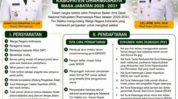 Pendaftaran Seleksi Pimpinan BAZNAS Dharmasraya Resmi Dibuka hingga Agustus