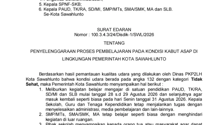 Kabut Asap Karhutla, PBM Kota Sawahlunto Beralih Daring Dua Hari