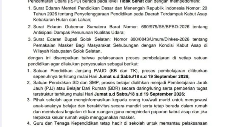 Dampak Kabut Asap di Solsel, PAUD Diliburkan dan SD-SMP Belajar Daring