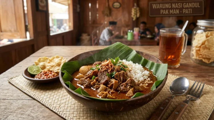 Menikmati Nasi Gandul khas Pati: Sensasi Makan Unik Pakai Suru Daun Pisang