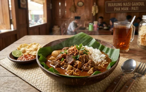 Menikmati Nasi Gandul khas Pati, Sensasi Makan Unik Pakai Daun Pisang