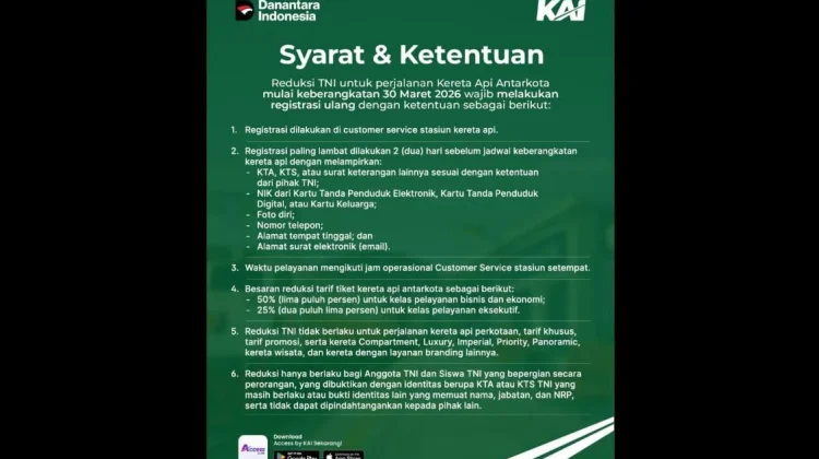 Reduksi Tarif, 261 Anggota TNI Nikmati Harga Khusus KA di Sumsel