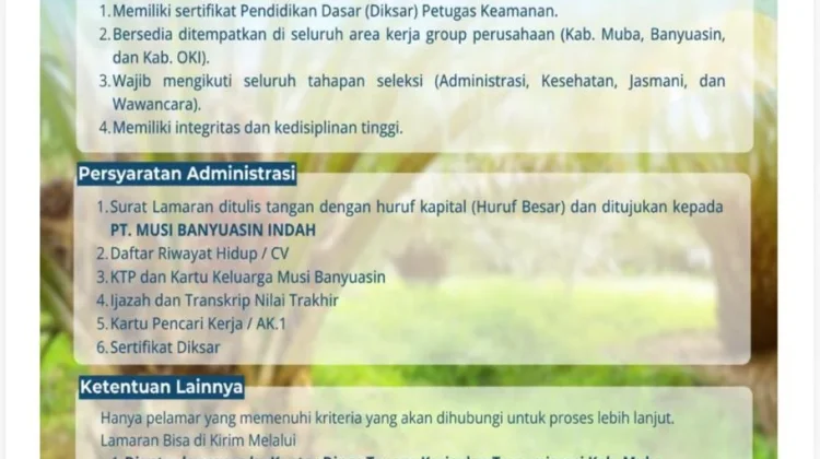 Loker Security PT MBI: Prioritas Khusus untuk Putra Daerah Musi Banyuasin
