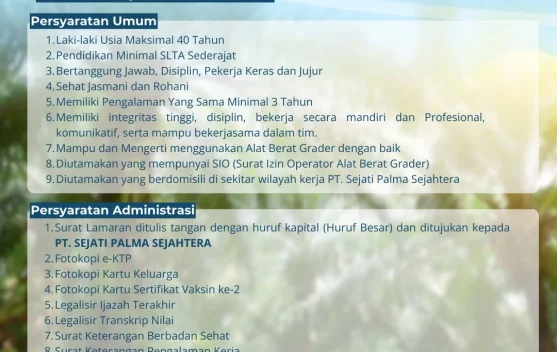 Perusahaan Sawit Buka Lowongan Operator Grader untuk Warga Muba