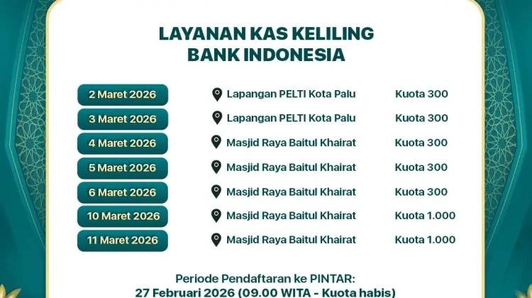 Jadwal Layanan Penukaran Uang Tunai Bank Indonesia Sulteng