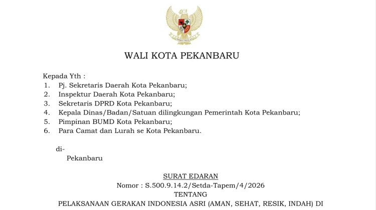 Wako Pekanbaru Terbitkan Surat Edaran Gerakan Indonesia ASRI