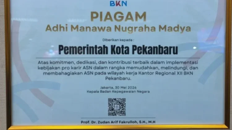 Sukses Kelola Manajemen Aparatur, Pemko Pekanbaru Raih Penghargaan dari BKN