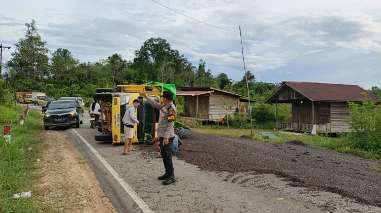 Truk Pengangkut Kernel Terguling di Tikungan Desa Tanjung Tengang