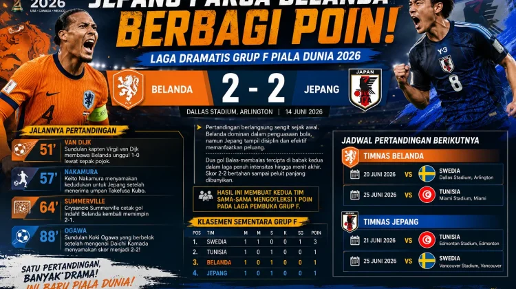 Laga Dramatis Grup F Piala Dunia 2026: Belanda vs Jepang berakhir 2-2
