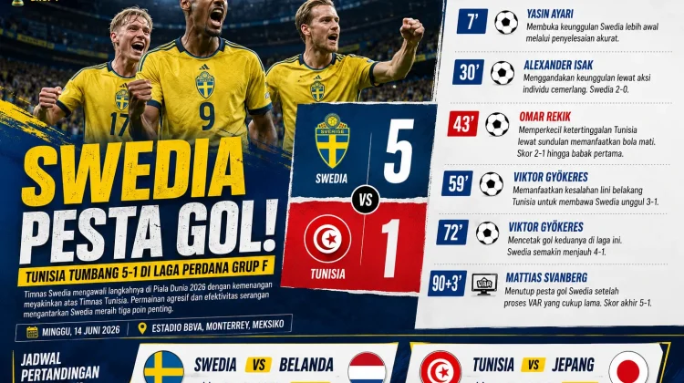 Piala Dunia 2026: Swedia Mengamuk, Hajar Tunisia 5-1 di Laga Pembuka Grup F