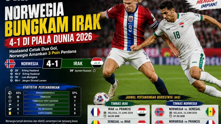 Norwegia Bungkam Irak 4-1 di Piala Dunia 2026, Haaland Jadi Bintang Lapangan