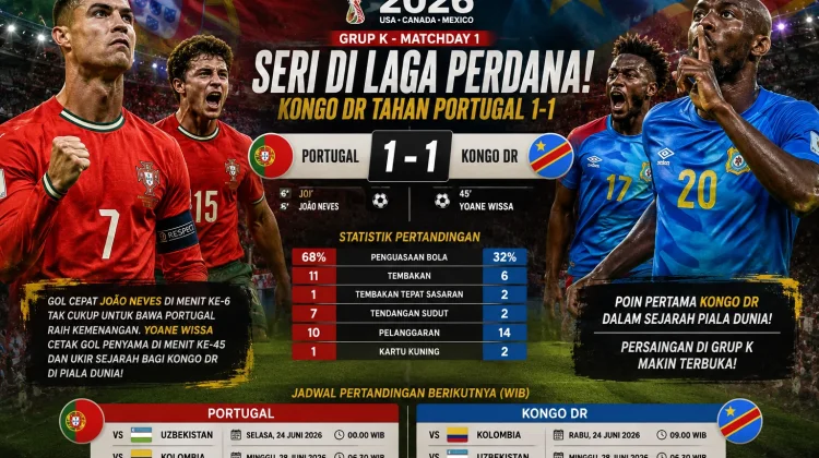 Portugal vs Kongo 1-1 di Laga Perdana Grup K Piala Dunia 2026