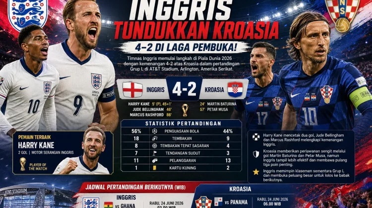Inggris Tundukkan Kroasia 4-2 di Laga Pembuka Grup L Piala Dunia 2026