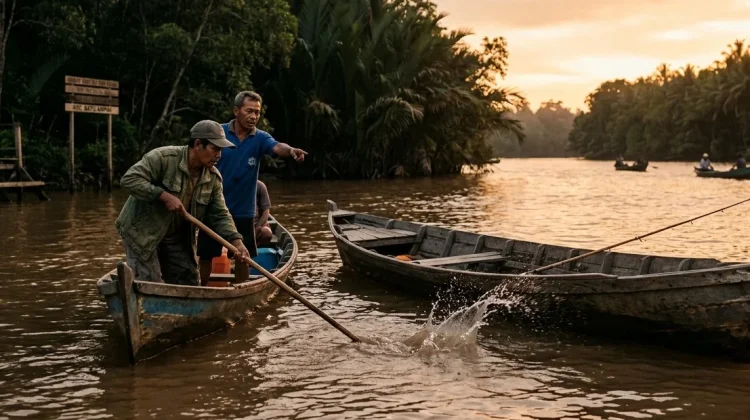 Buaya Muara Terkam Pemancing, Korban Belum Ditemukan