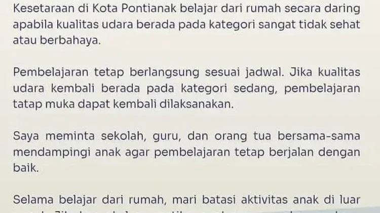 Kualitas Udara Memburuk, Siswa Pontianak Belajar dari Rumah