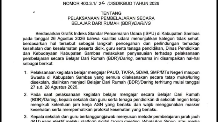 Asap Karhutla Memburuk, Sekolah di Sambas BDR 27–28 Agustus 2026