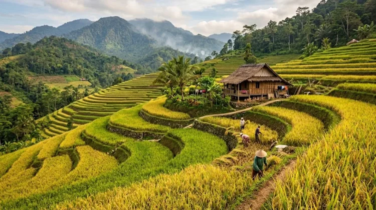 Pemandangan Terates Padi Gunung di Lereng Perbukitan