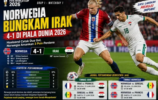 Norwegia Bungkam Irak 4-1 di Piala Dunia 2026, Haaland Jadi Bintang Lapangan