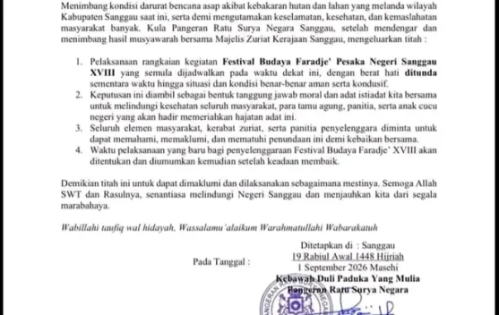 Festival Budaya Faradje’ Sanggau XVIII Ditunda akibat Kabut Asap