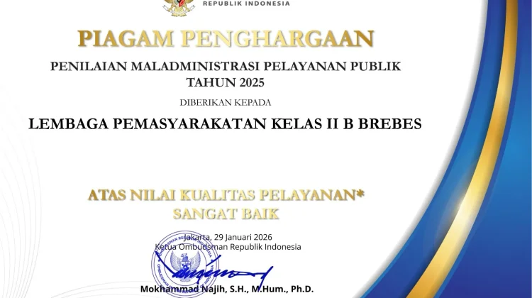 Lapas Brebes Terima Penghargaan "SANGAT BAIK” dari Ombudsman RI