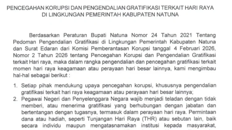 Bupati Natuna Terbitkan Edaran Cegah Gratifikasi