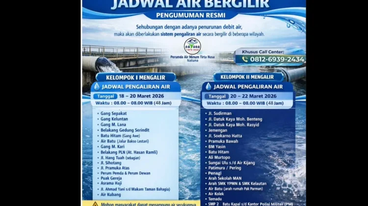 PDAM Natuna Berlakukan Jadwal Bergilir Air ke Pelangam