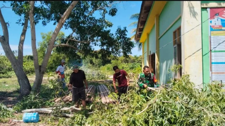 Babinsa Bantu Evakuasi Pohon yang Mengganggu Jaringan Listrik Kantor Desa