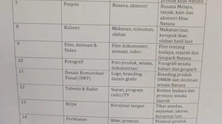 Ekraf Natuna Kini Mengacu 21 Subsektor