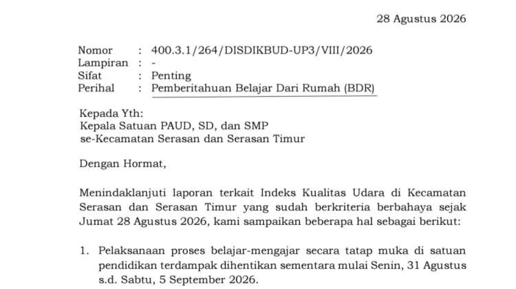 Sekolah di Serasan Terapkan BDR Dampak Kualitas Udara Berbahaya