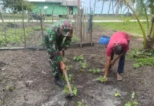 Babinsa Kadur Bantu Warga Bersihkan Kebun