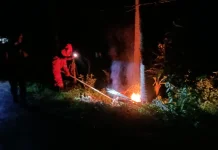 Damkar Bergerak Cepat Tangani Kabel Tiang Listrik  Terbakar