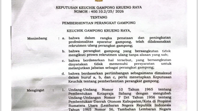 Dugaan Pemberhentian Aparatur Gampong Krueng Raya Sabang Langgar Prosedur