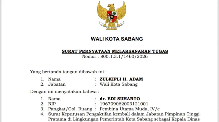 Sempat Non Job, dr. Edi Suharto Kembali Menjabat Kepala Dinas Kesehatan Sabang