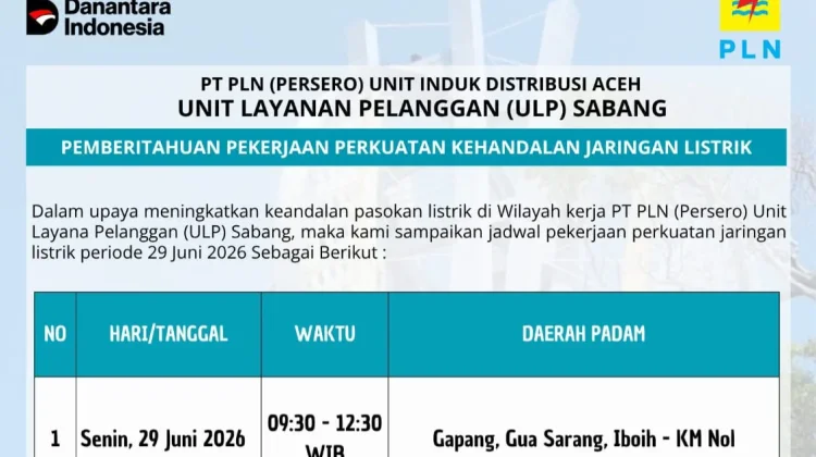 Listrik Kawasan Wisata Sabang Padam sementara, PLN Lakukan Pemeliharaan