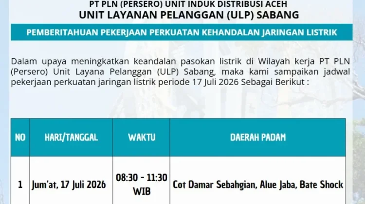 PLN ULP Sabang Lakukan Pemeliharaan, Listrik Padam Tiga Jam