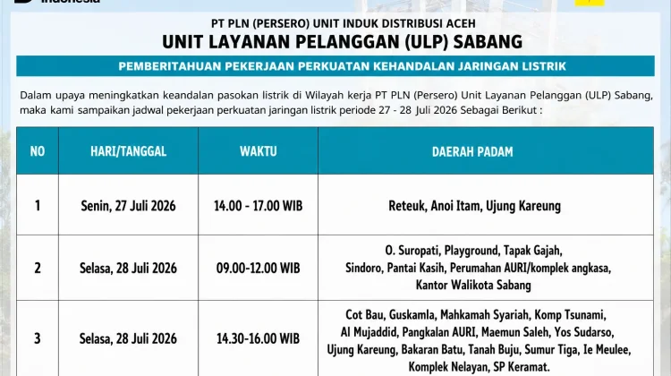 PLN ULP Sabang Padamkan Listrik Terjadwal di 19 Wilayah pada 27-28 Juli
