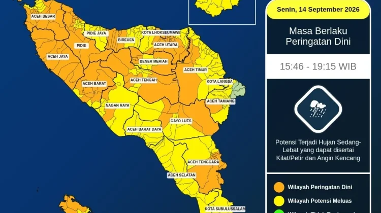 BMKG Keluarkan Peringatan Dini, Hujan Lebat Diprediksi Mengguyur Wilayah Aceh
