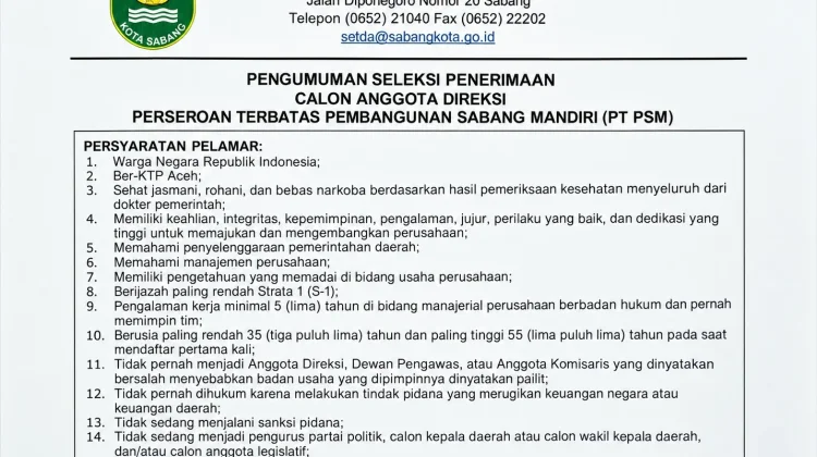 Seleksi Direksi BUMD PT PSM Sabang Dibuka