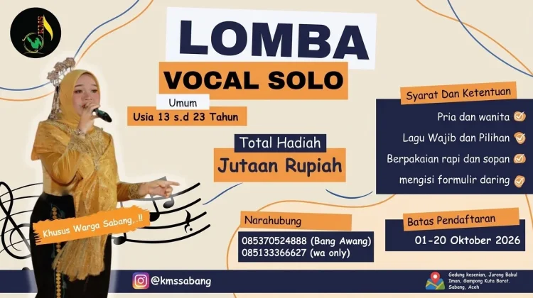 Pendaftaran Lomba Vocal Solo Bagi Remaja Sabang Dibuka