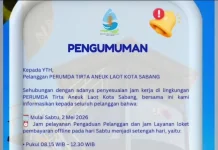 PDAM Tirta Aneuk Laot Sabang Sesuaikan Jam Layanan Sabtu Mulai Mei 2026