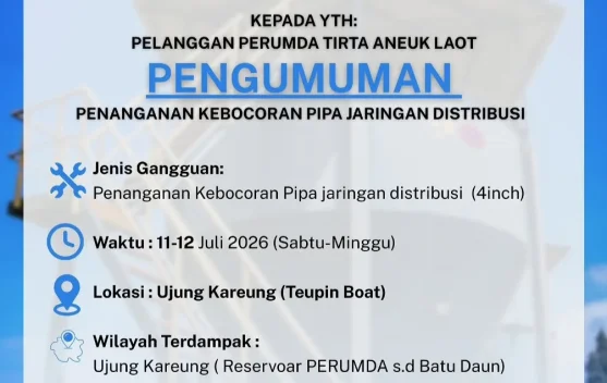 Pasokan Air PDAM di Sejumlah Wilayah Sabang Terganggu akibat Perbaikan