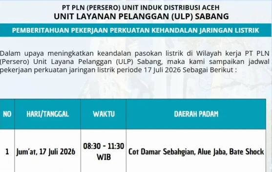 PLN ULP Sabang Lakukan Pemeliharaan, Listrik Padam Tiga Jam
