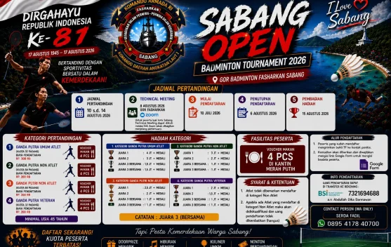 Sabang Open Badminton Tournament 2026 Bakal Bergulir