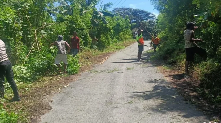 Bhabinkamtibmas Watmuri Bersama Warga Bersihkan Jalan Masuk Desa