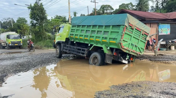 Truk Fuso Bermuatan Karnel Sawit Nyangkut di Jalan Nasional Simpang Raya