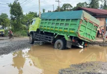 Truk Fuso Bermuatan Karnel Sawit Nyangkut di Jalan Nasional Simpang Raya