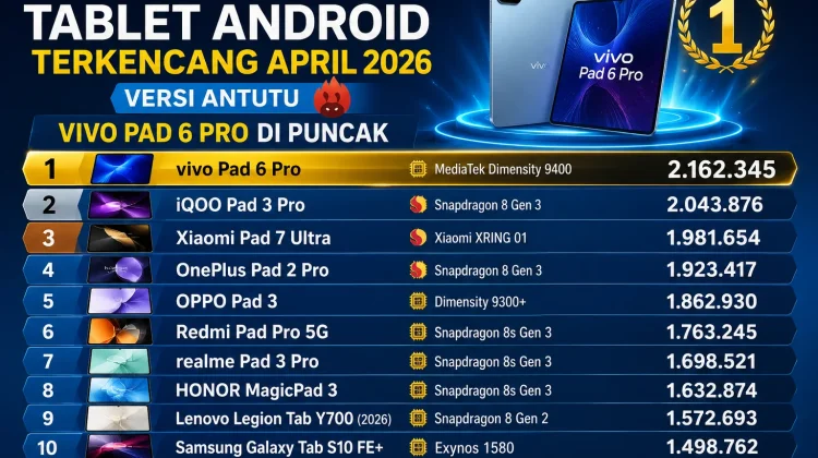 Daftar 10 Tablet Android Terkencang April 2026 Versi AnTuTu, Vivo Pad 6 Pro di Puncak