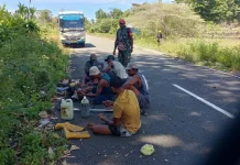 Babinsa dan Pemuda Panduami Gotong Royong Bersihkan Jalang Trans Yapen
