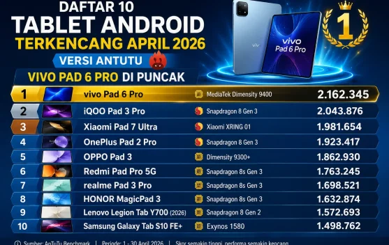 Daftar 10 Tablet Android Terkencang April 2026 Versi AnTuTu, Vivo Pad 6 Pro di Puncak